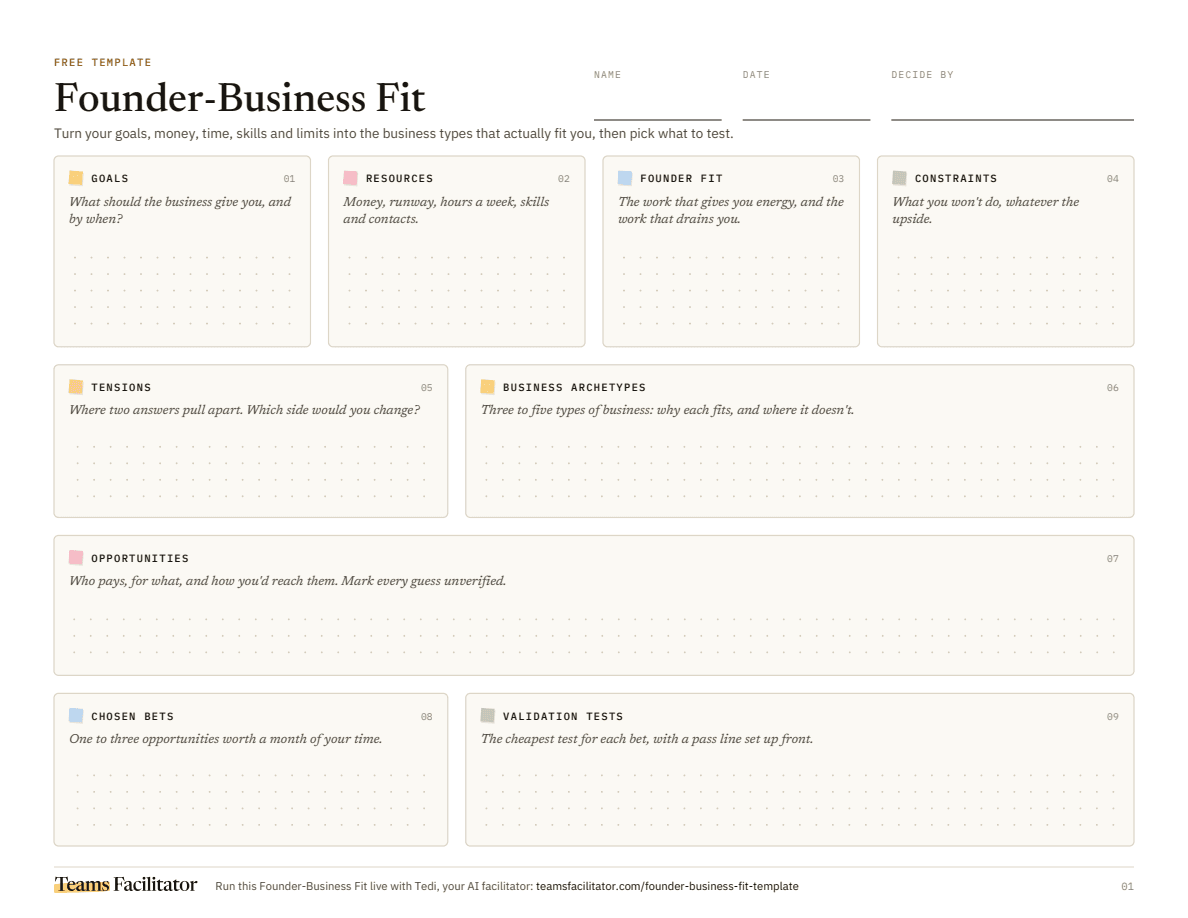 Side 1 af den printbare skabelon til Founder-Business Fit